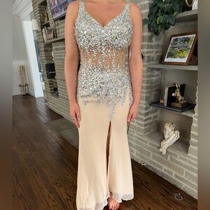 Faviana Silver and Cream Prom Dress
